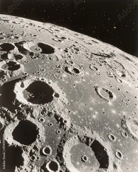 Fototapeta Stunning close-up view of the moon's surface showcasing intricate craters and textures against a starry backdrop.