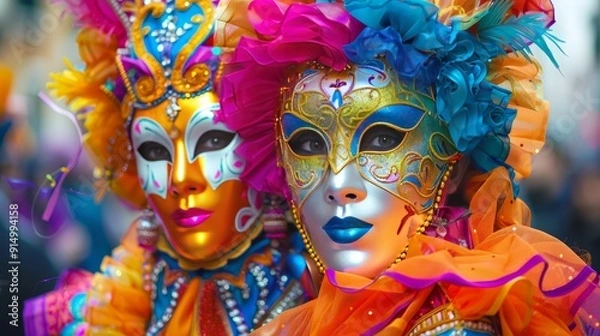 Obraz Extravagant Carnival Masks in Bright, Colorful Costumes at Festive Parade