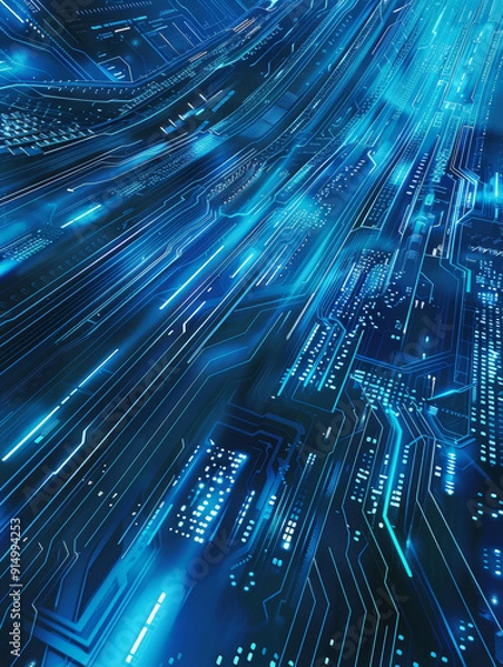 Obraz High-Tech Blue Abstract Background with Circuitry and Digital Lines