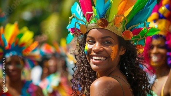 Obraz Vibrant Carnival Celebration with Smiling Woman in Colorful Feathered Headpiece