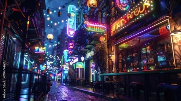 Fototapeta Nighttime View of a Neon-Lit City Street with Bar Stools