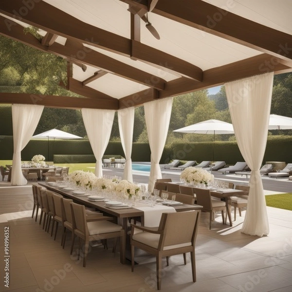 Fototapeta Outdoor event venue with covered seating area elegant table setting and well-manicured lawn.