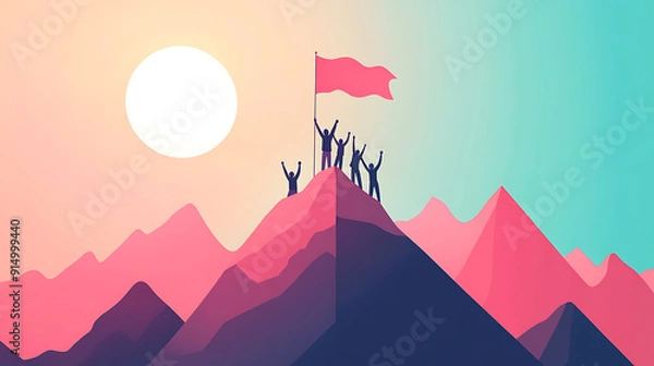 Fototapeta A group of people are standing on top of a mountain, holding a red flag