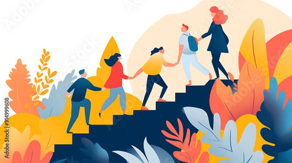 Fototapeta Abstract illustration of a diverse group of people helping each other climb stairs, symbolizing teamwork, collaboration, and support.