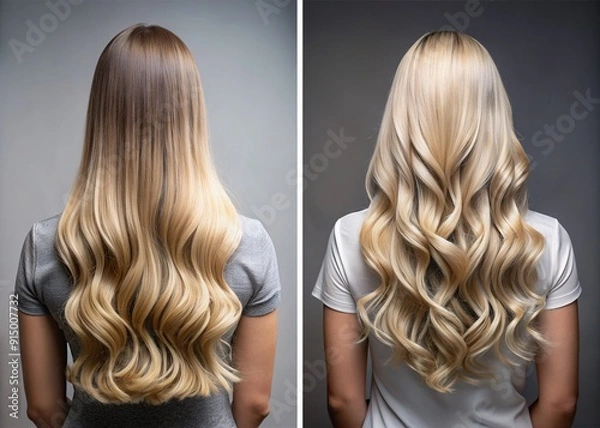 Fototapeta Dramatic before-and-after split-screen portrait of a woman's back, showcasing transformative hair treatment results on a neutral grey background, highlighting improved texture and shine.