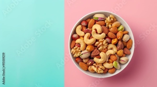 Fototapeta A Bowl of Mixed Nuts on a Blue and Pink Background
