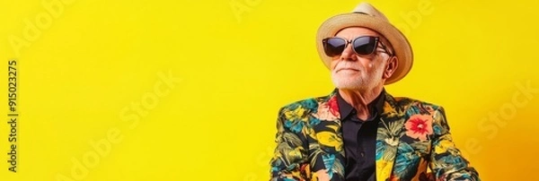 Obraz Confident Elderly Gentleman in a Vibrant Print Shirt and Orange Sunglasses Striking a Pose on a Bright Yellow Background, Exuding Style, Confidence, and Personality