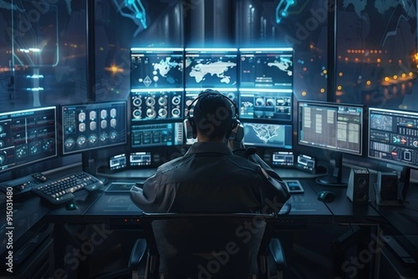Fototapeta The operator sits at a workstation with multiple screens in the center