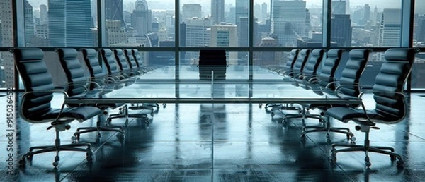 Obraz A modern, sleek conference room with a panoramic city view. Elegant chairs and a glass table complete the professional setting.