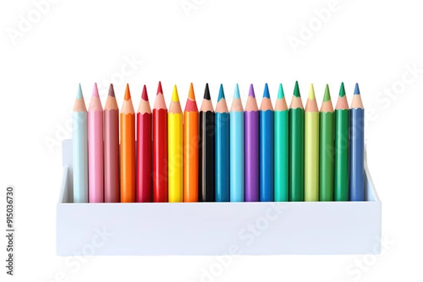 Fototapeta Vibrant Array of Colorful Pencils Arranged Neatly in a White Container Against a Bright Background on Transparent PNG Background..