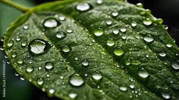 Fototapeta Rain-Kissed Leaf: Macro Shot of Dew Drops and Greenery