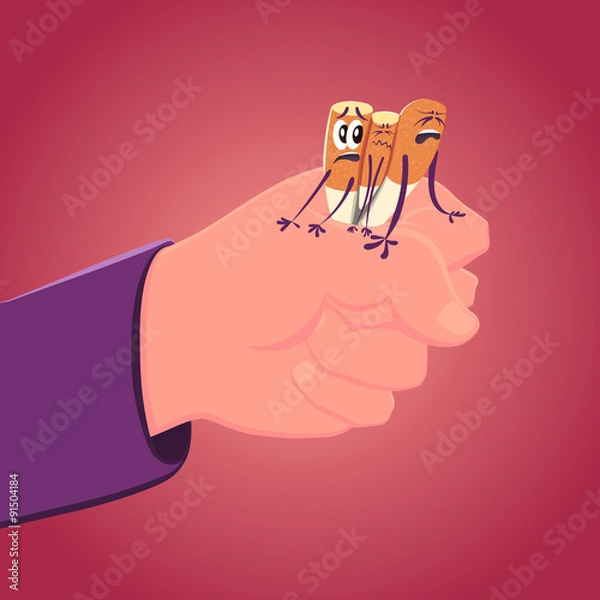 Obraz Motivating vector illustration that helps to give up smoking. Hand clenches the cigarettes. All objects are grouped, so its easy to edit. EPS 8.