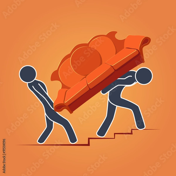 Obraz Two people moving sofa during rearrangement or resettlement. Can be used as a logo for a company. All objects are grouped, so its easy to edit