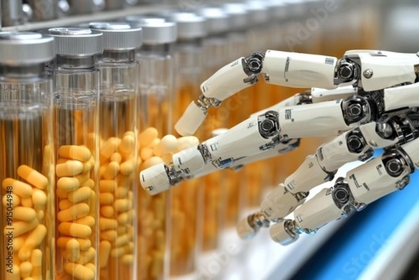 Fototapeta Robotic arm placing yellow capsules in transparent tubes representing the precision and automation of pharmaceutical production in a high tech and organized industrial environment.