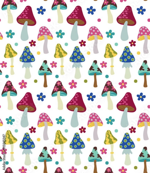 Fototapeta Seamless pattern with retro psychedelic groovy mushrooms. Vector colorful background with hippie funky elements.	