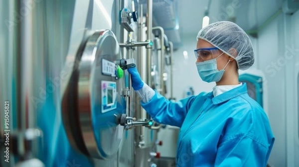 Fototapeta A scientist in blue scrubs and protective gear operates high-tech equipment in a sterile laboratory environment, emphasizing precision and safety.