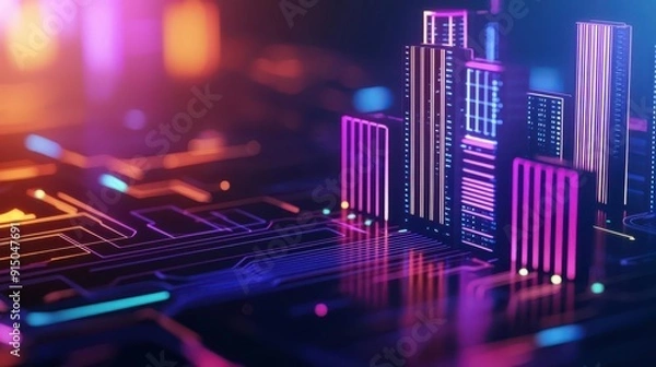 Fototapeta Illustration of a digital fortress with holographic walls protecting data streams, fantasy style, vibrant neon colors, copy space, focus cover all object, deep dept of field