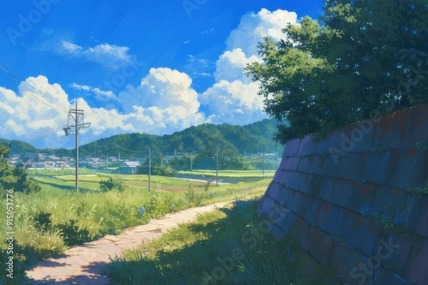 Fototapeta 日本の田舎の風景のイラスト（田んぼ・里山・青空・雲・アニメ・家・自然）