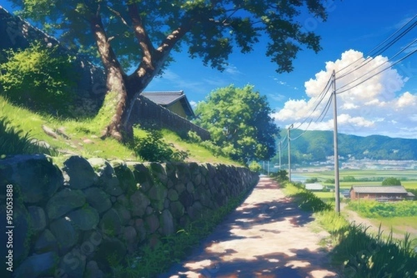 Fototapeta 日本の田舎の風景のイラスト（田んぼ・里山・青空・雲・アニメ・家・自然）
