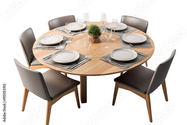 Obraz Elegant Round Dining Table Decorated for a Cozy Evening Gathering With Stylish Chairs on Transparent PNG Background..