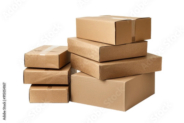 Fototapeta Carefully Stacked Cardboard Boxes Awaiting Shipment in a Warehouse During Daylight Hours on Transparent PNG Background..