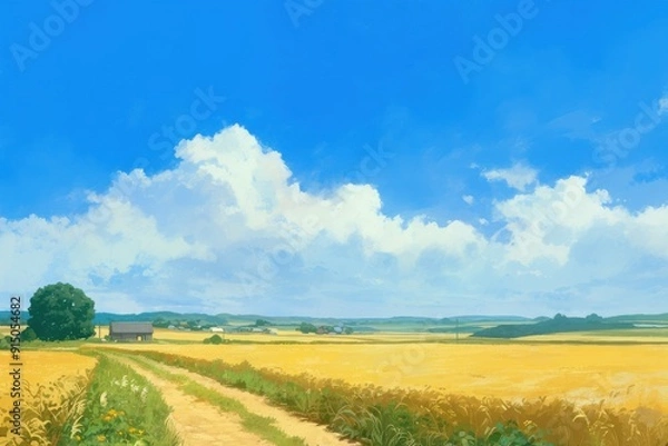 Fototapeta 日本の田舎の風景のイラスト（田んぼ・里山・青空・雲・アニメ・家・自然）