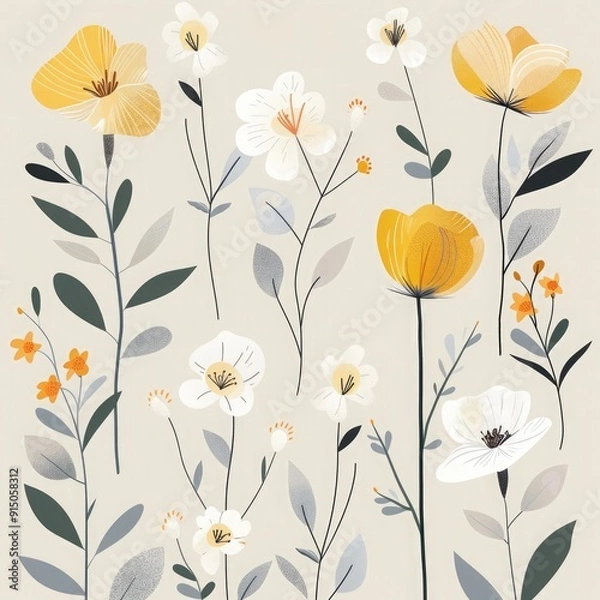 Fototapeta A collection of delicate yellow and white flowers with leafy green stems arranged on a soft beige background