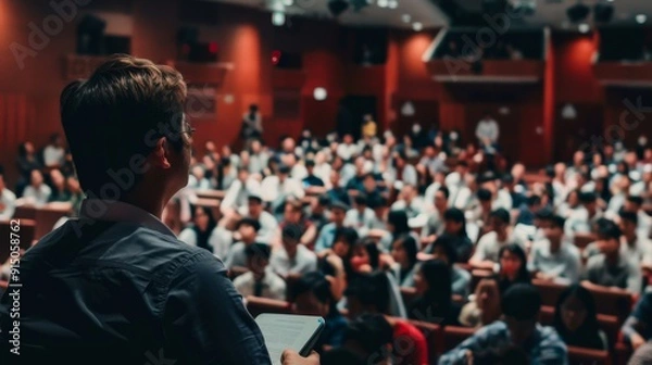 Fototapeta A presenter addresses a full auditorium, viewed from behind, with a blurred audience intently listening and watching.