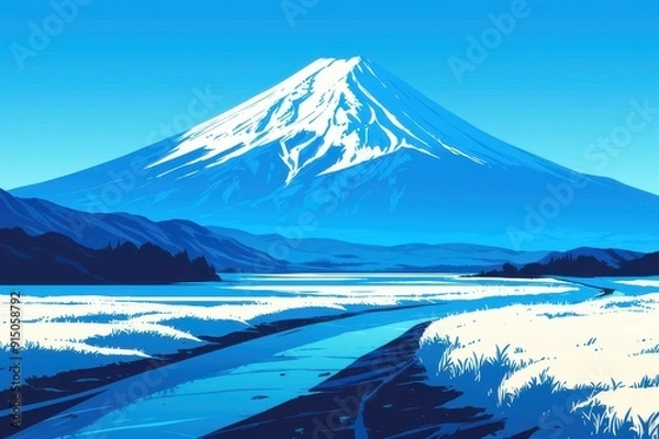 Fototapeta 日本の富士山がある風景のイラスト（世界遺産・里山・青空・雲・アニメ・自然）