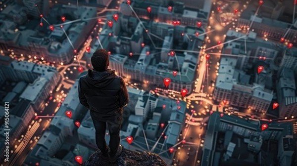 Fototapeta A man standing on a city map with red pins and location markers, in the style of illustration, top view, vector design, highly detailed