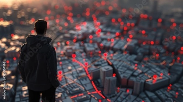 Fototapeta A man standing on a city map with red pins and location markers, in the style of illustration, top view, vector design, highly detailed