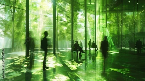 Fototapeta Blurred background of people walking in a modern office building with green trees and sunlight , eco friendly and ecological responsible business concept image with copy space