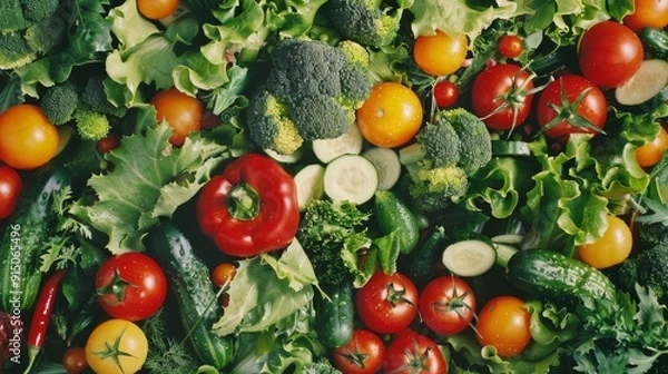 Fototapeta A lush garden's bounty of fresh vegetables features vibrant peppers, tomatoes, cucumbers, and leafy greens, showcasing a variety of shapes and colors.