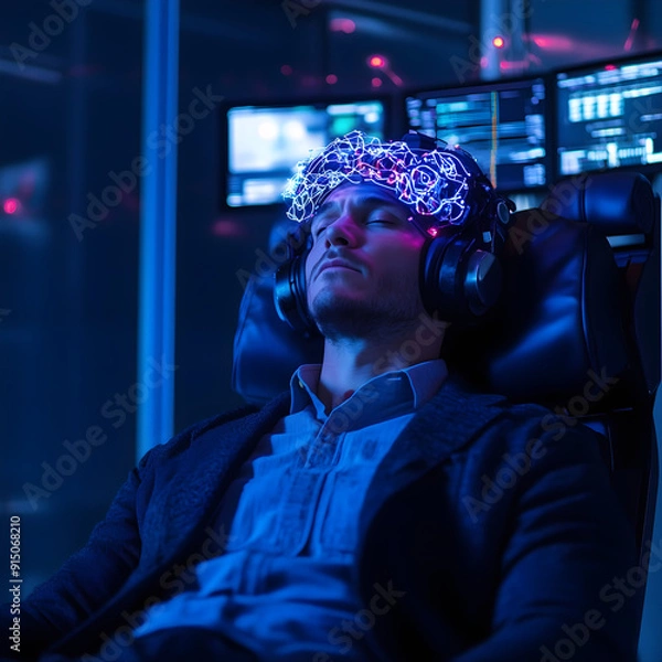 Fototapeta Dr. Ethan Blake, a groundbreaking IT expert, has spent years perfecting a revolutionary technology that combines EEG headsets with advanced machine learning algorithms. His goal is to upload human con