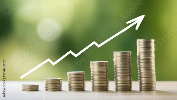 Fototapeta coins with business growth bar graph and arrow.. financial success, profit, business development, positive market trends concept