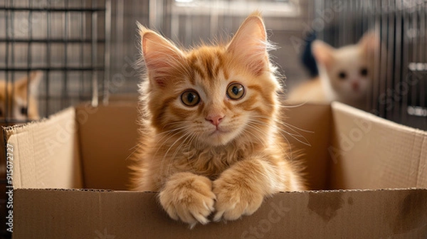Fototapeta Adorable red cat sit inside a cardboard box, looking at the camera with hope. The background is blurred. Concept of pet adoption and volunteering