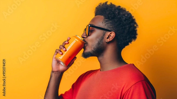 Fototapeta Side profile of African American man drinking fresh, cold drink, tasty beverage, soda carbonated liquid from blank metal or tin can with mockup isolated on background with empty copy space refreshment