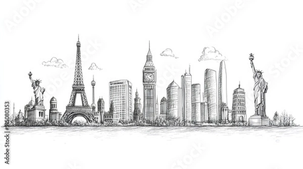 Fototapeta Line drawing of famous world landmarks on a white background, depicted in a hand-drawn sketch style, representing travel concepts 