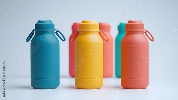 Fototapeta Colorful reusable water bottles arranged neatly on a light surface with soft lighting