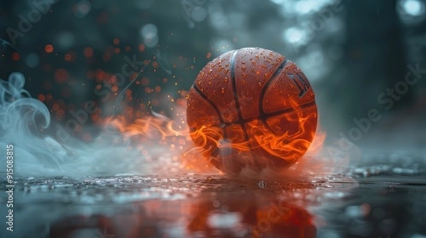 Fototapeta Basketball on Fire in a Misty Setting