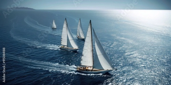 Obraz Three yachts with white sails gliding across calm blue waters on a sunny day