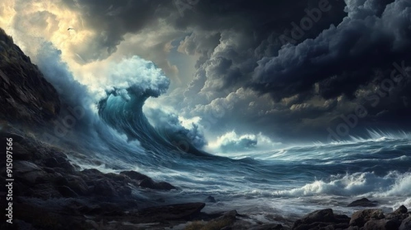 Fototapeta A Gigantic Wave Crashing Against Rocky Shores Under Dark Storm Clouds
