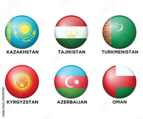 Fototapeta Set of 6 Asian Countries Realistic 3d flags in round shape icons. Asian flags are isolated on a white background. Vector illustration. Set 6