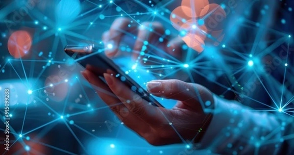 Fototapeta Connecting Through Technology: A Hand Holding a Smartphone with a Network of Blue Lines