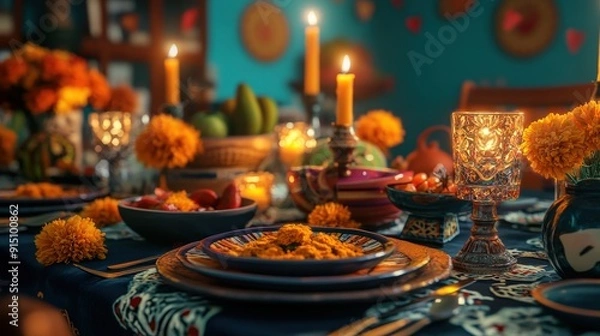 Obraz A vibrantly decorated table awaits guests, featuring candles, marigolds, and traditional dishes celebrating Dia de los Muertos