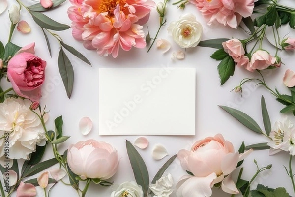 Fototapeta A delicate white card adorned with pink and white flowers