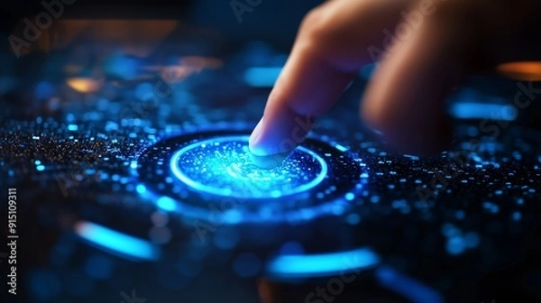 Obraz A close-up view of a finger touching a glowing blue interface at night