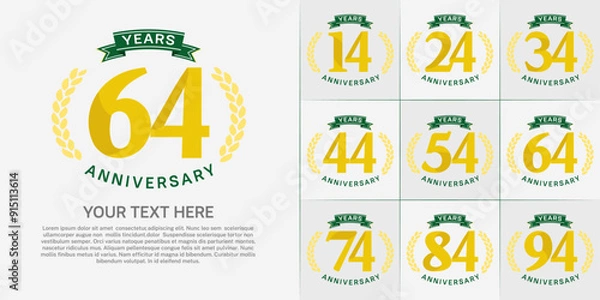 Fototapeta anniversary logotype set vector, yellow color and green ribbon for special day celebration