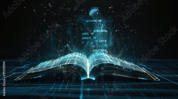 Fototapeta Digital Book with Glowing Lines and Binary Code