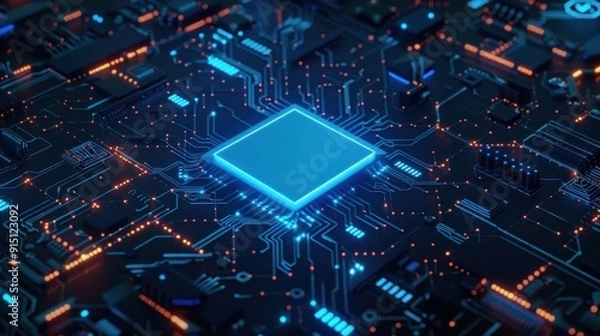 Fototapeta Glowing Circuit Board with a Central Processor